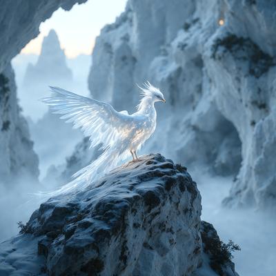 The primary subject of the image is a white bird, possibly a swan, standing on a rock in a snowy environment. The bird appears to be looking at the camera, and its wings are spread out, giving it a majestic appearance. The setting is a mountainous area with snow-covered rocks and cliffs, creating a serene and picturesque backdrop. The visual style of the image is a combination of photo and digital art, with the bird's wings and feathers appearing to be digitally manipulated to enh